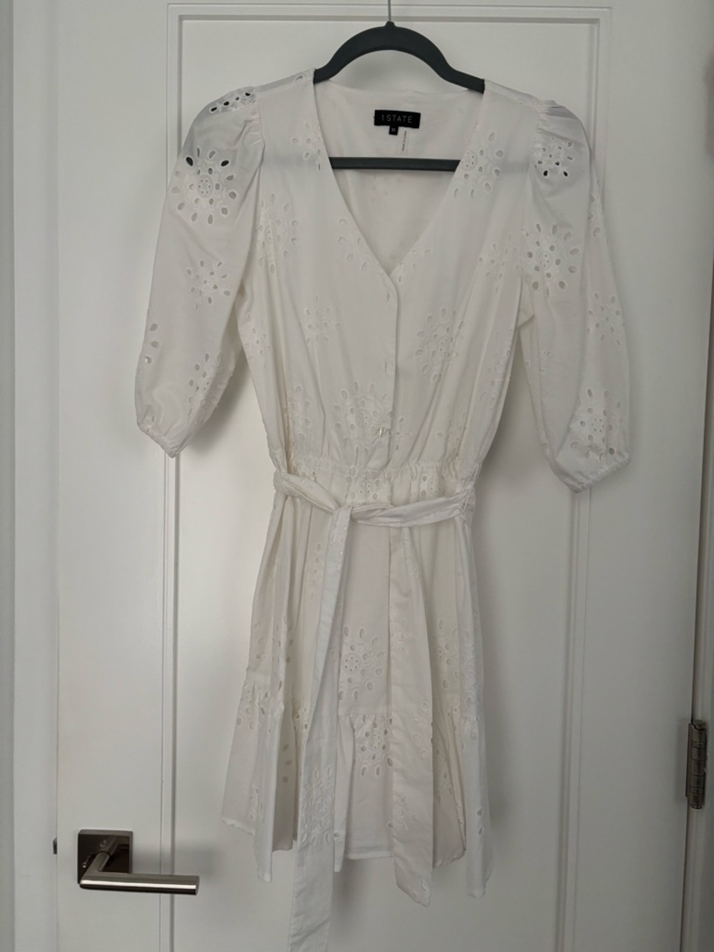 1. State White Eyelet V‑Neck Tie‑Waist Mini Dress